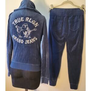 True Religion Track Suit Womens XS Blue Full Zip Jacket Sweatpants Velour Cozy